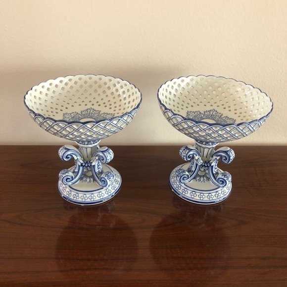 2 Blue and White Reticulated Compote Bowl